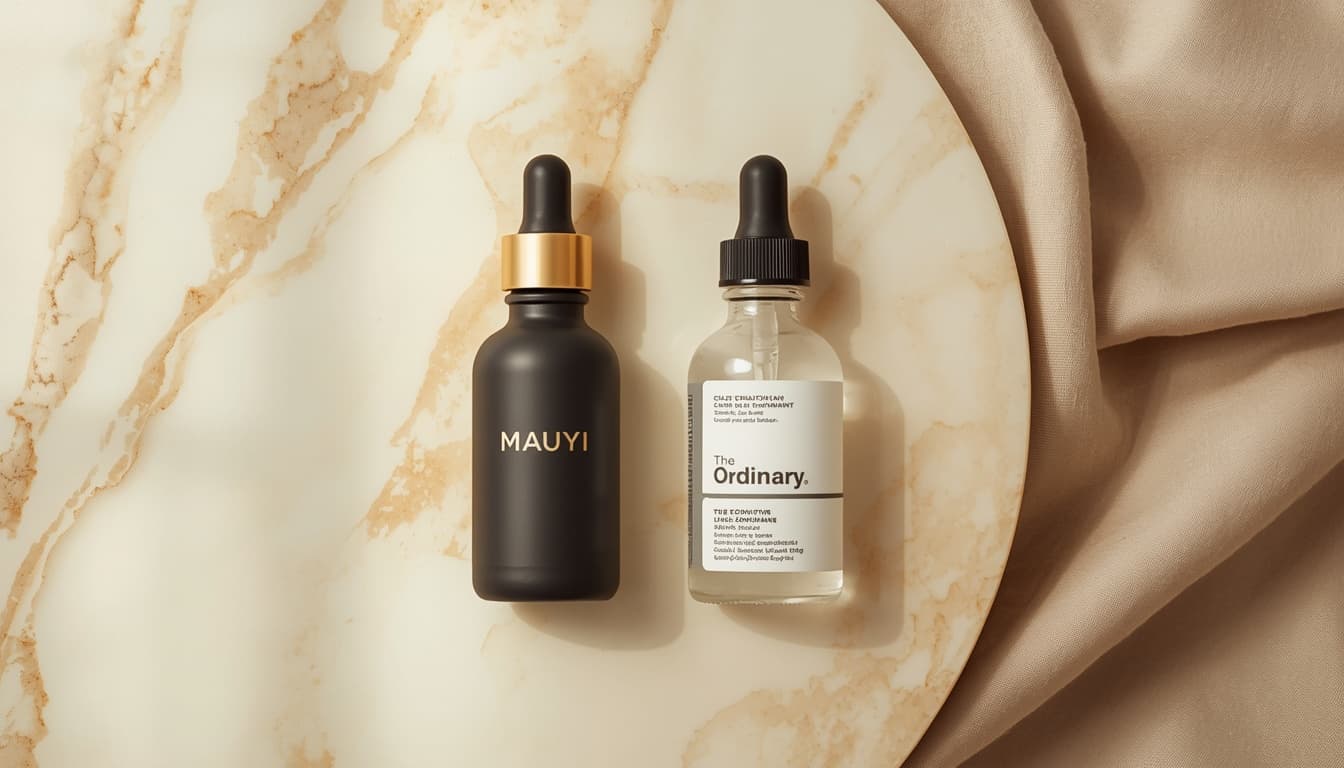 MAUYI Reset Serum naast The Ordinary producten op marmeren ondergrond