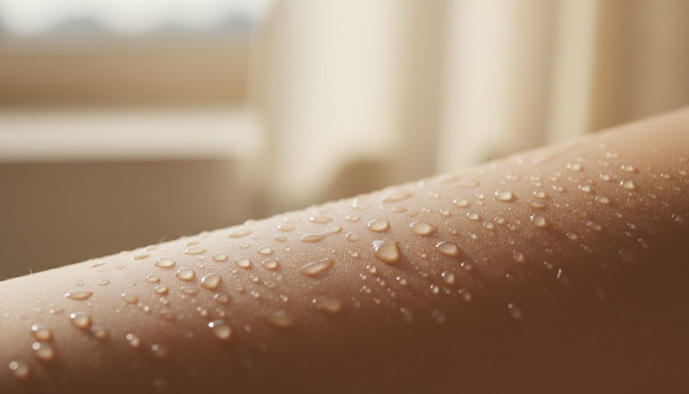 Close-up of smooth, hydrated skin with natural water droplets in warm beige cream tones, illustrating the hydrating effect of hyaluronzuur serum on sensitive skin