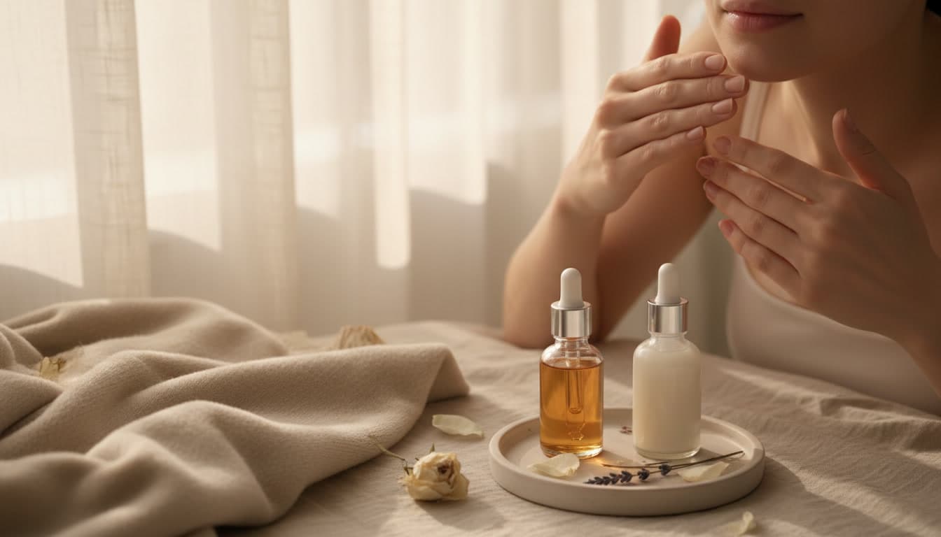 Calm and elegant evening skincare setting with retinol serum for sensitive skin, warm natural light and soft beige tones, skincare editorial style