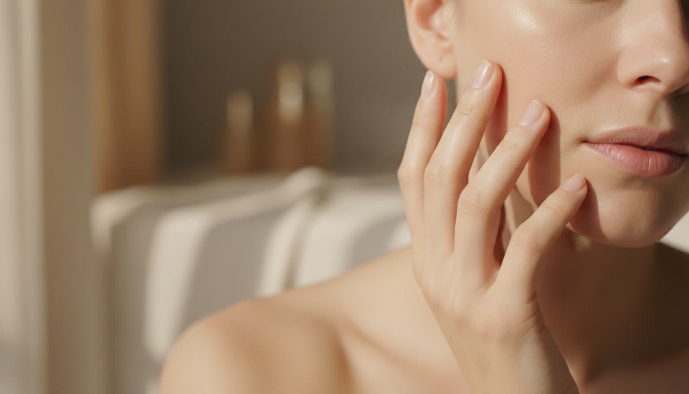 Close-up editorial photo of calm, hydrated skin with warm beige and cream tones symbolizing healthy skin barrier restoration in natural soft daylight