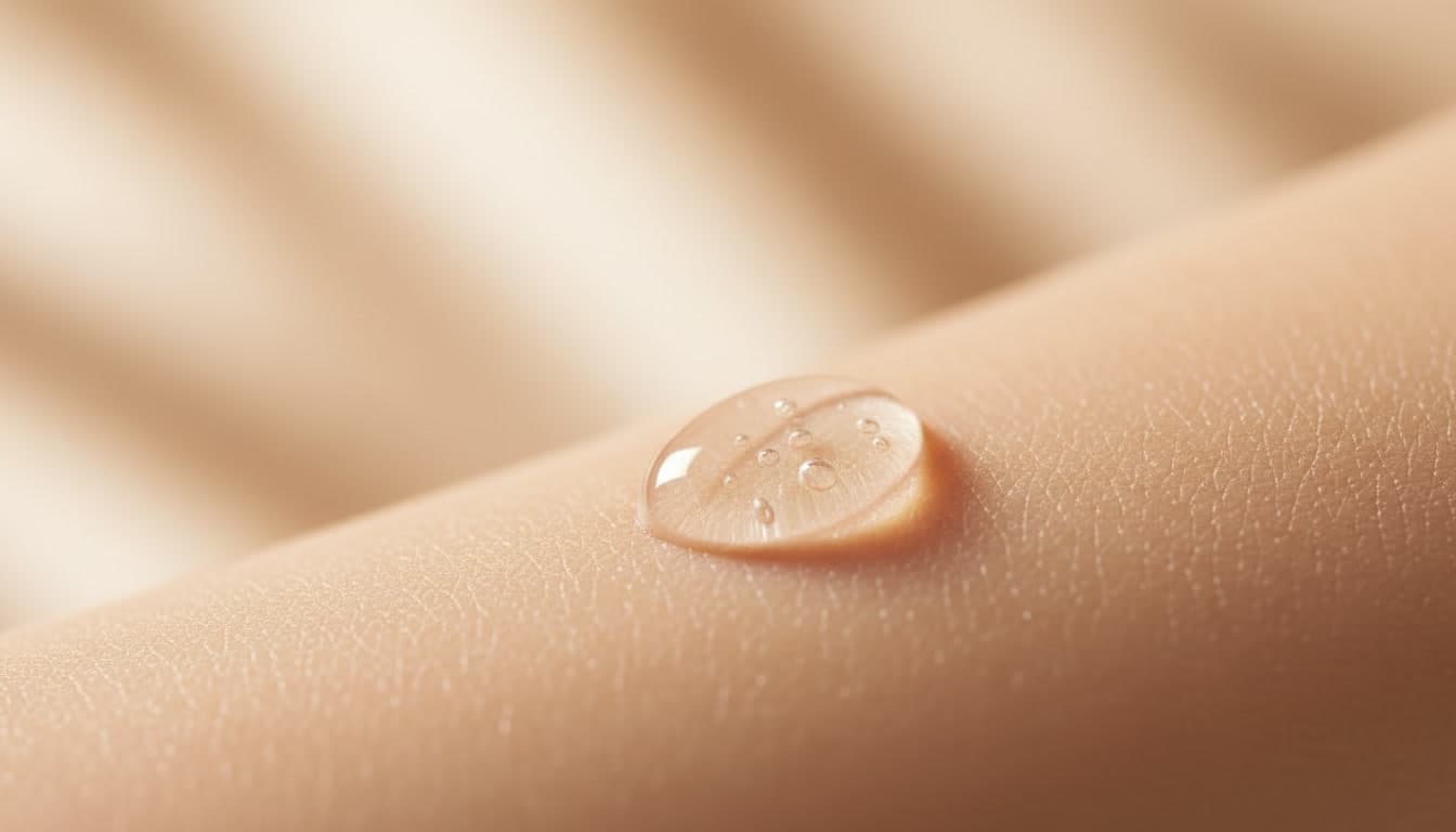 Close-up editorial photograph of a droplet of high concentration hyaluronic acid serum on smooth skin with warm beige lighting, highlighting hydration.