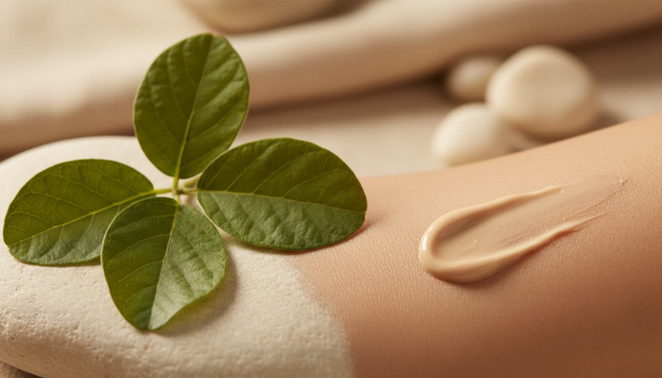 Close-up editorial photo of Psoralea corylifolia leaves with gentle cream drop on skin, illustrating natural bakuchiol ingredient for sensitive skin
