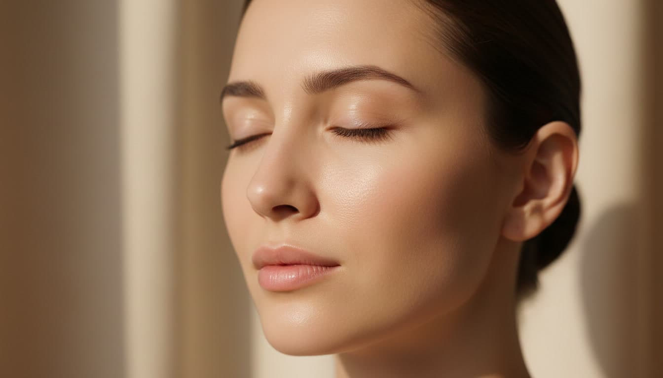Close-up editorial photo of smooth, balanced skin in warm natural daylight, representing gentle niacinamide skincare for sensitive skin