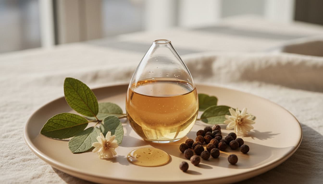 Close-up editorial photo of natural bakuchiol skincare ingredient in a clear glass bottle with botanical leaves and seeds, bathed in soft natural daylight with warm beige and cream tones.
