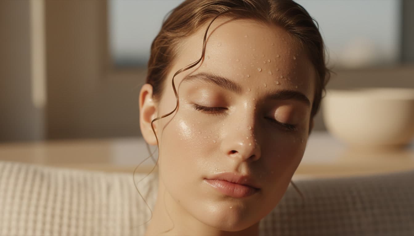 Close-up editorial photo of hydrated oily skin texture with soft natural daylight in warm beige and cream hues, illustrating gentle skincare hydration.