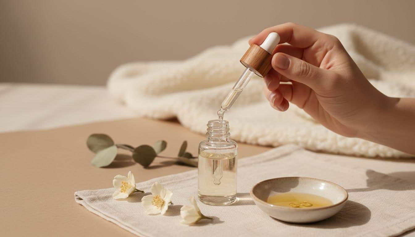 Luxueuze en rustige huidverzorgingsroutine voor de gevoelige huid met zachte serums en oliën op een warm beige achtergrond, verlicht door zacht natuurlijk daglicht