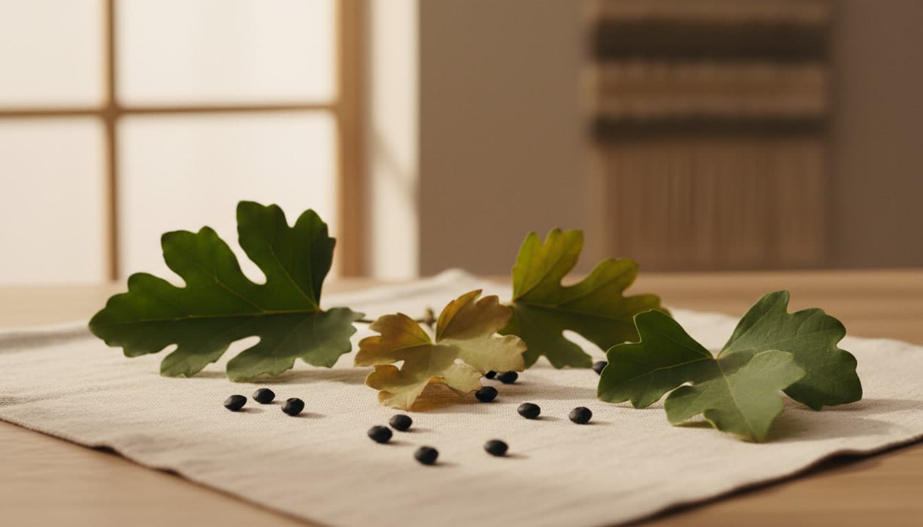 Close-up photo of Psoralea corylifolia plant parts under soft natural light symbolizing bakuchiol ingredient in premium skincare