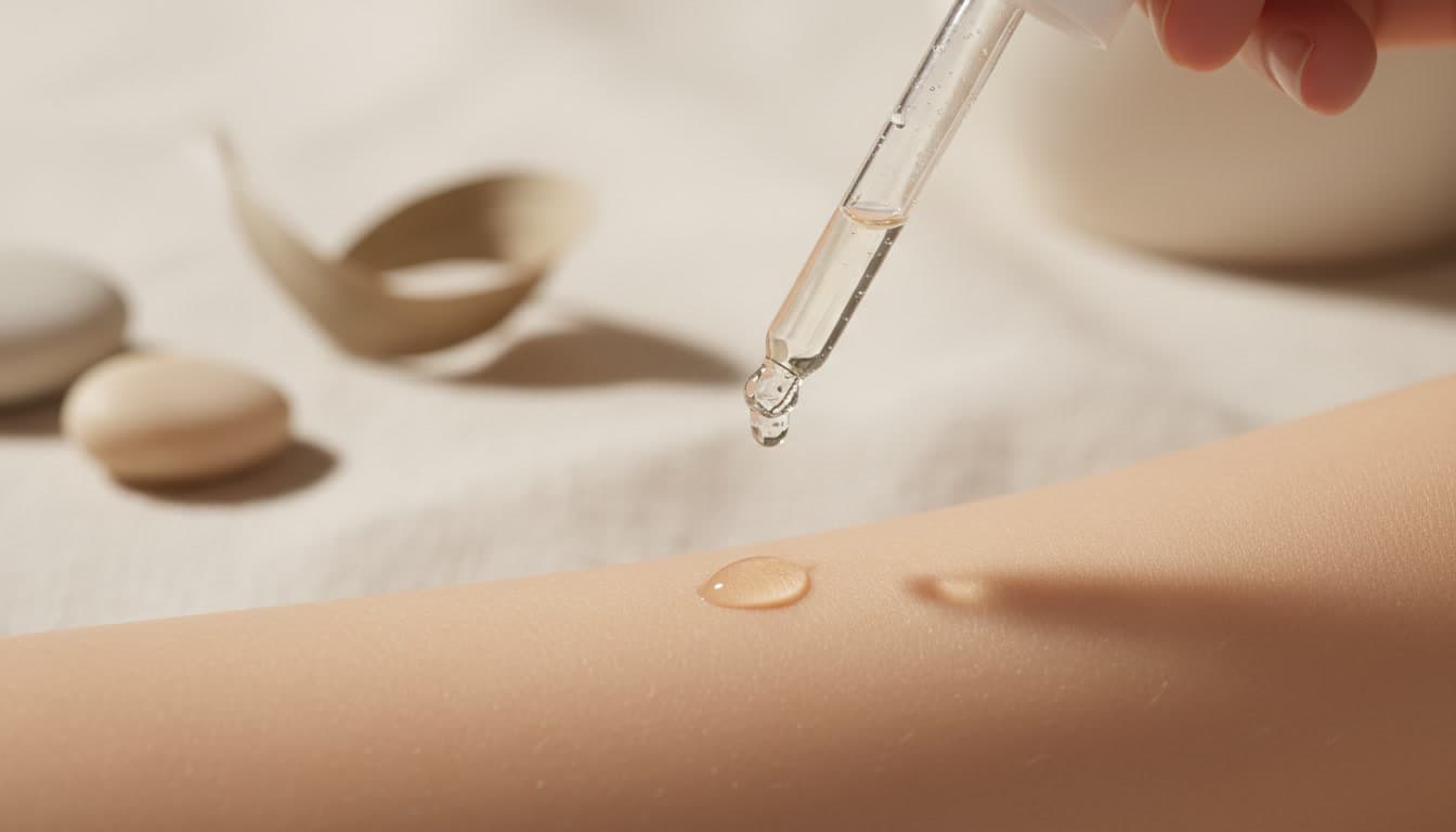 Close-up editorial photo of calm, glowing skin with a drop of serum, warm beige and cream tones, natural soft daylight, premium skincare concept