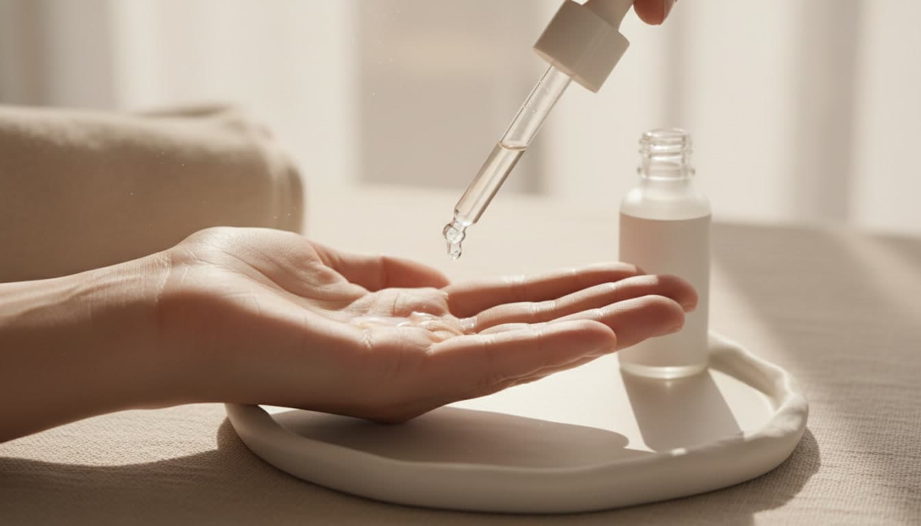 Elegant skincare routine with serum bottles in warm natural light, illustrating serum reset for sensitive skin