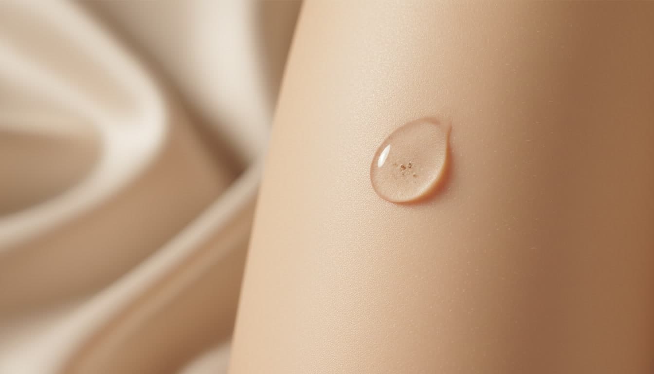 Close-up editorial photo of a premium niacinamide skincare serum bottle on soft beige cream toned skin texture with warm natural light