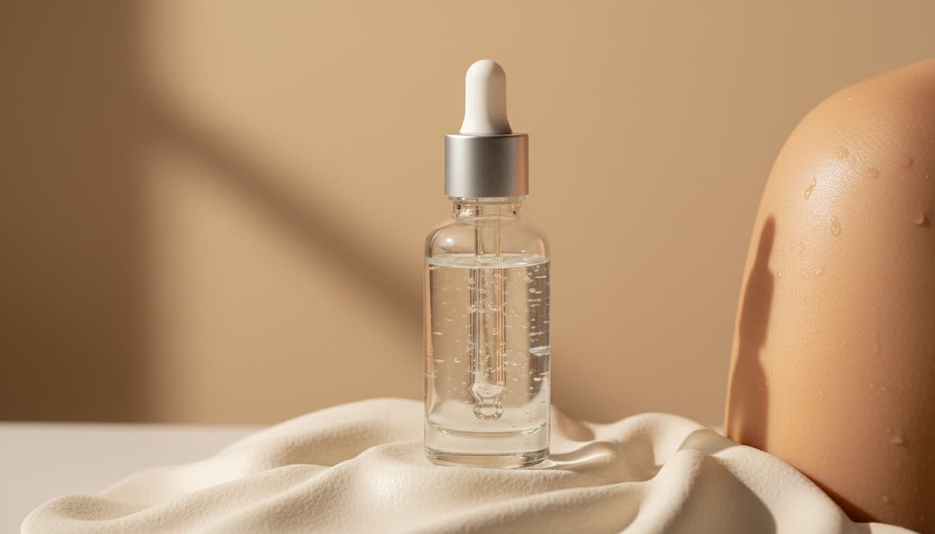 Close-up editorial photo of a hyaluronic acid serum bottle with dewy, hydrated skin textures on a warm beige cream background in soft natural daylight