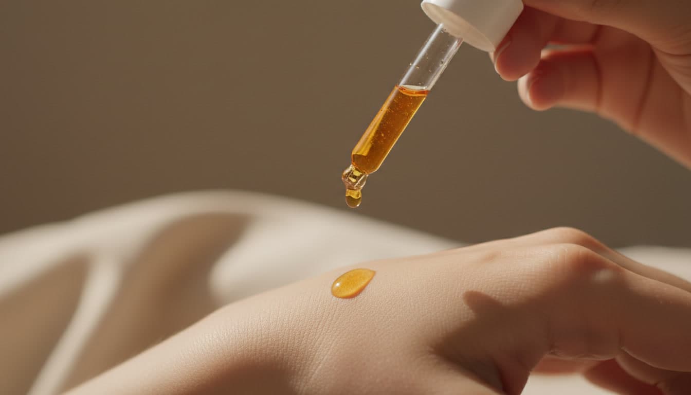 Close-up editorial photo of vitamin C serum being applied to smooth skin in warm natural daylight with soft beige and cream tones
