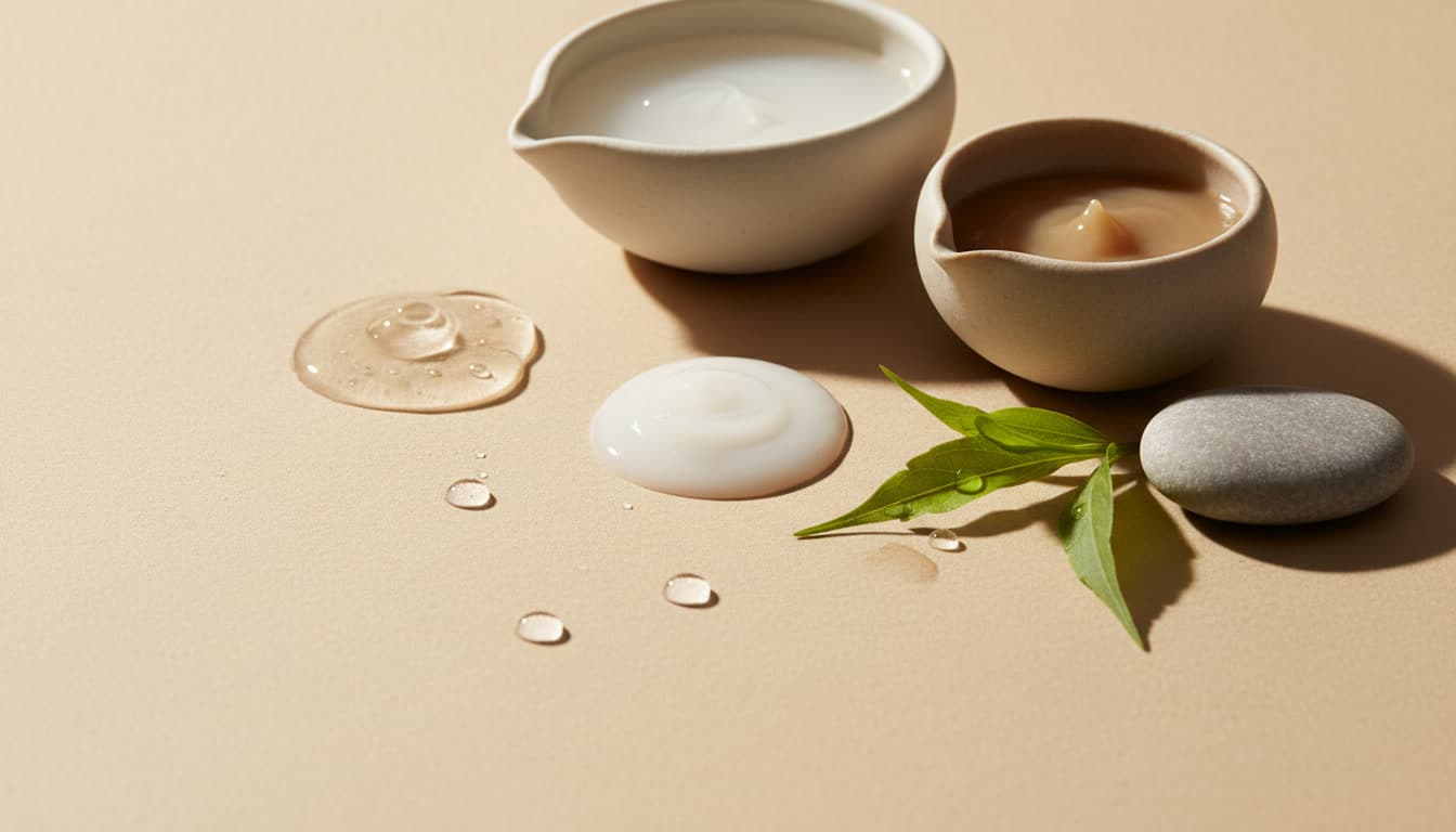 Luxurious warm beige skincare routine setup in soft natural daylight, showcasing minimalistic bottles and hydration elements in a calm editorial style