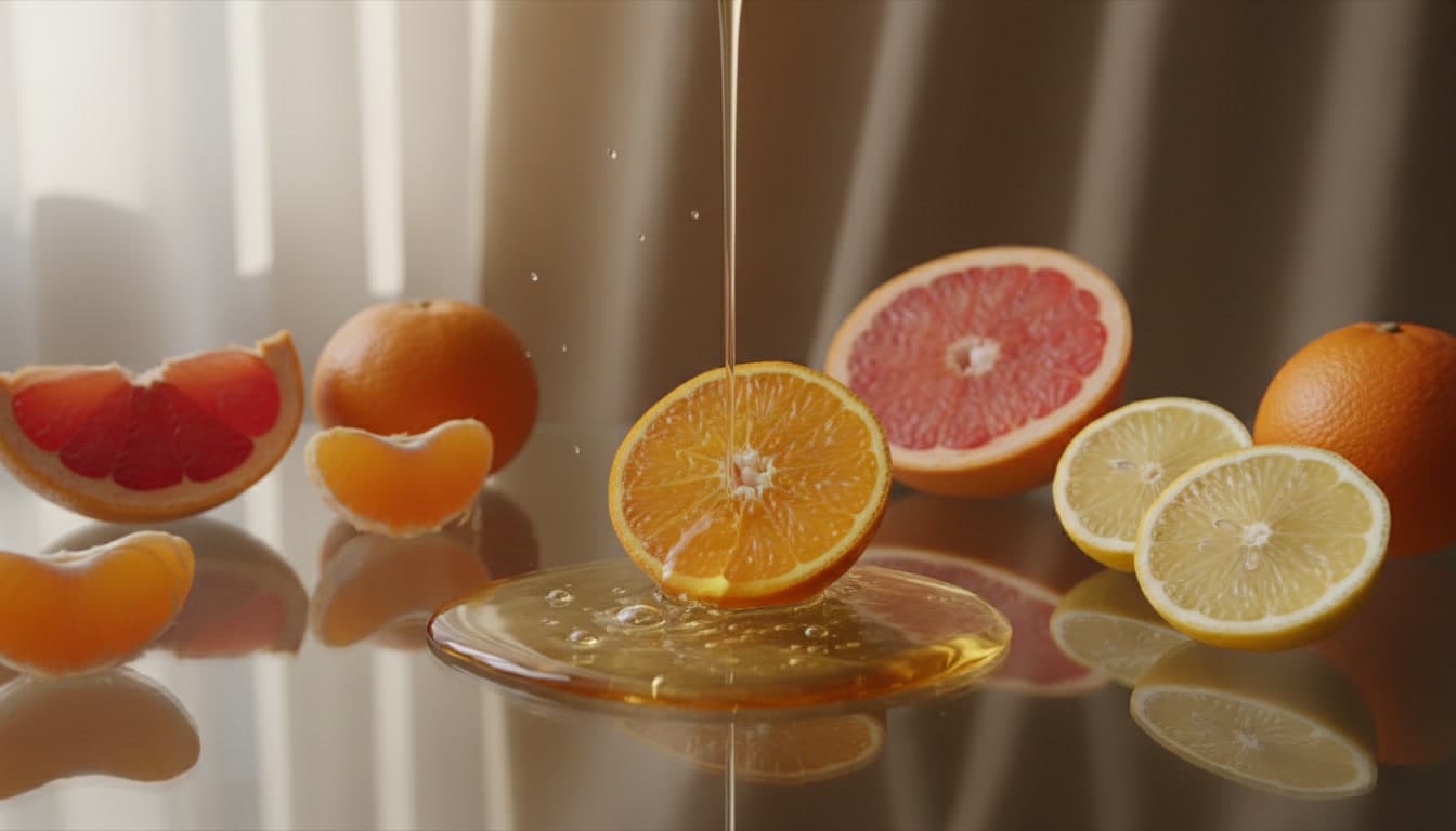 Luxurious vitamin C serum bottle with fresh citrus fruits on a warm beige cream background, illuminated by soft natural daylight