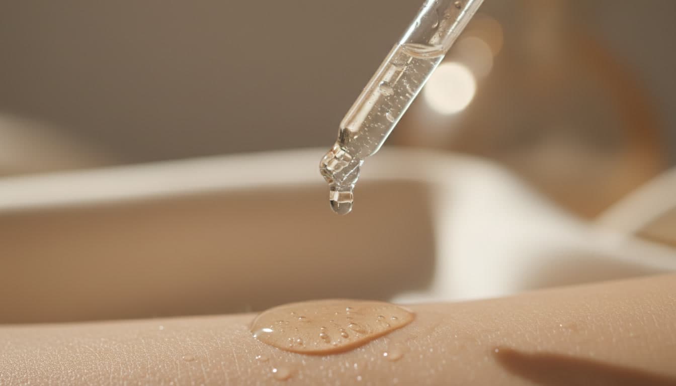 Close-up editorial photo of hyaluronic acid serum dropper in warm beige natural light, showcasing premium skincare