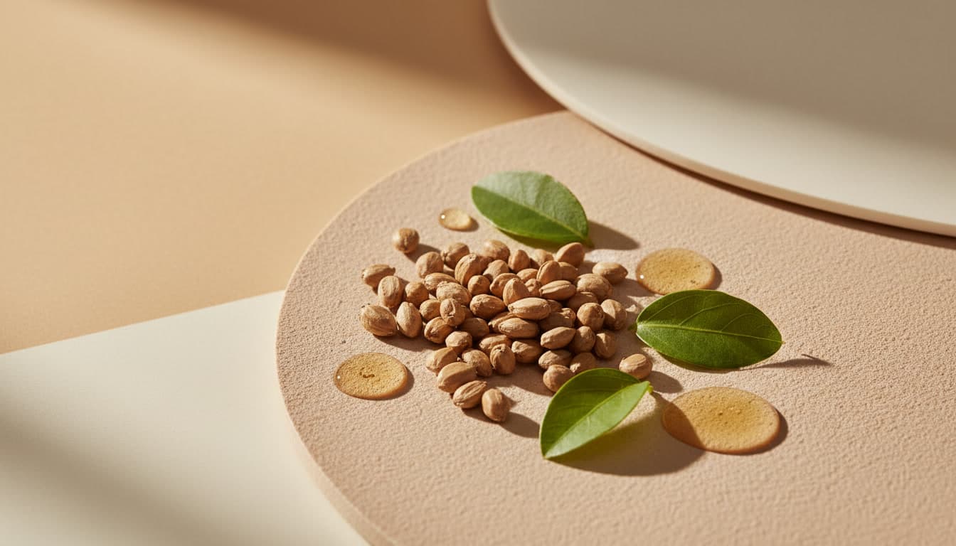 Close-up editorial style image of natural bakuchiol ingredient with warm beige tones and soft daylight, reflecting premium skincare essence