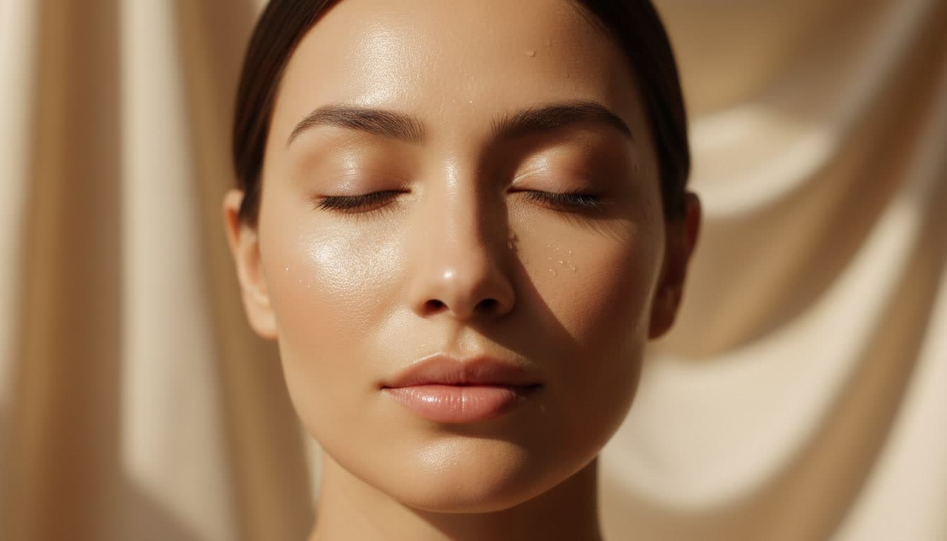 Close-up editorial photo of calm, hydrated and sensitive skin with warm beige and cream lighting, showcasing natural skin glow