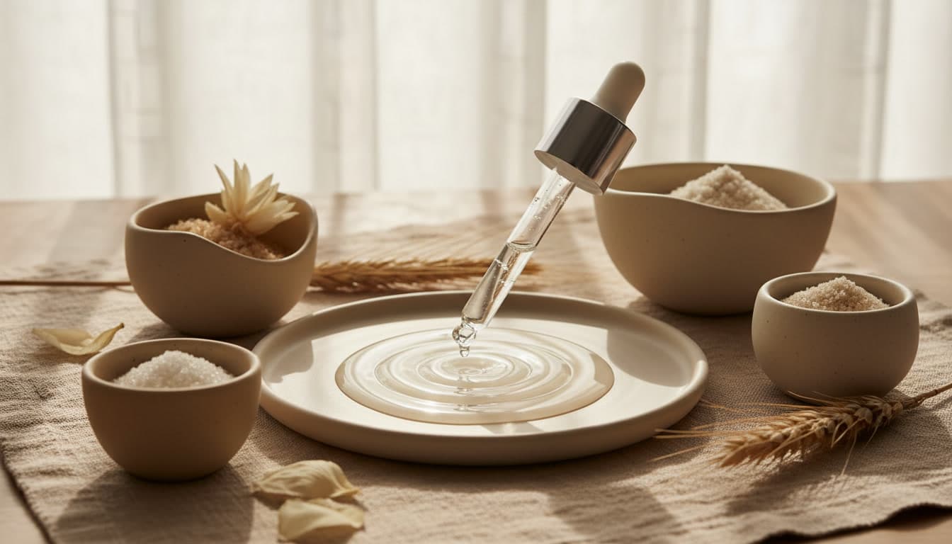 Close-up van niacinamide serum in een luxe glazen flesje onder zacht naturel daglicht