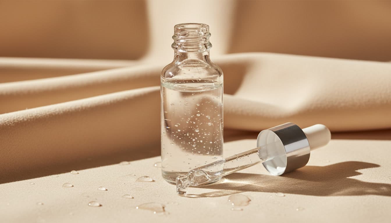 Close-up of a pure hyaluronic acid serum vial with dropper on warm beige cream background with soft daylight, showcasing minimal luxury skincare concept.