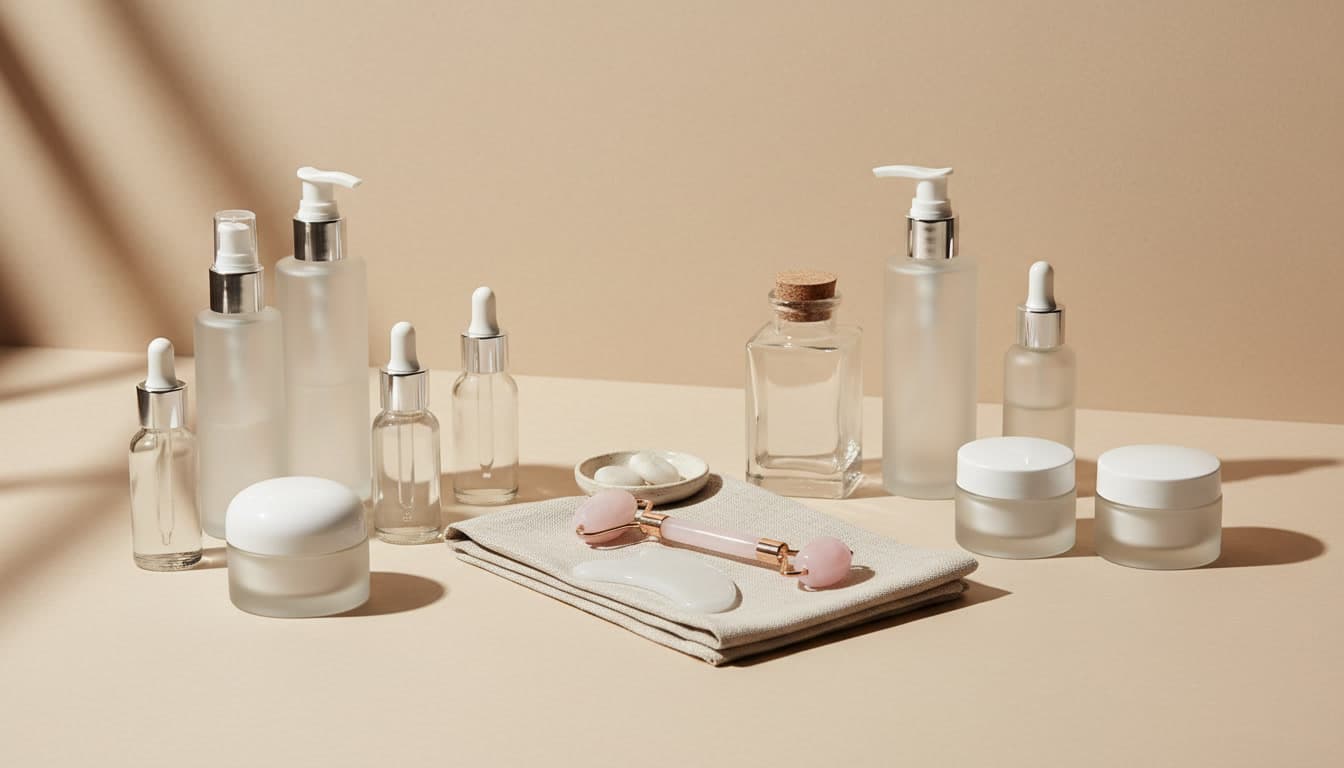 Editorial photography of minimal luxury skincare routine products displayed on a warm beige background in soft natural daylight