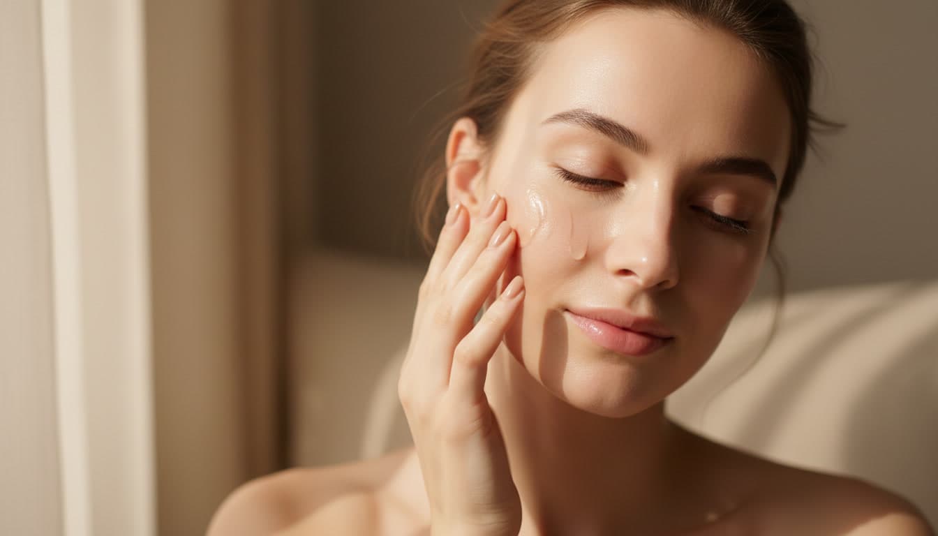 Elegante vrouw brengt hyaluronic acid serum aan op haar gevoelige huid, met een zachte, gehydrateerde uitstraling onder warm natuurlijk licht