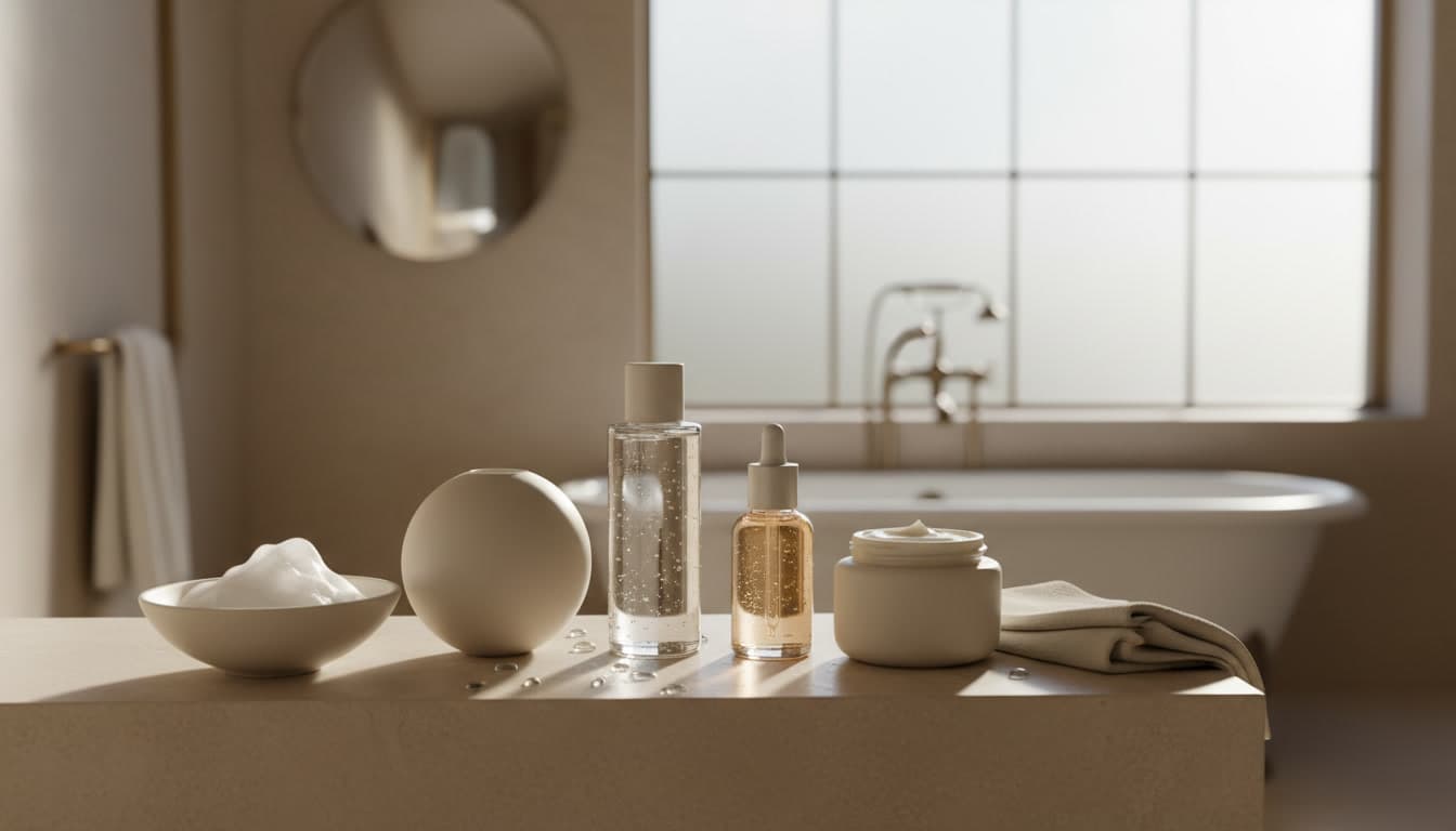 Elegant evening skincare routine with hydrating and gentle products in a warm beige minimal luxury setting