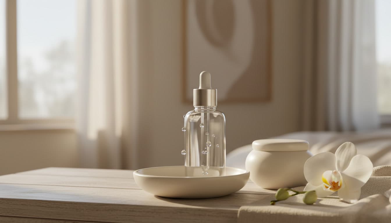 Luxueuze en rustige ochtend skincare routine op een beige achtergrond met zacht natuurlijk licht