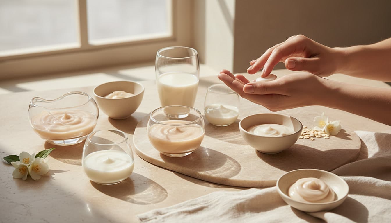 Elegant skincare morning routine setup with warm beige and cream tones in soft natural daylight, showcasing premium skincare products in a minimal luxury editorial style.