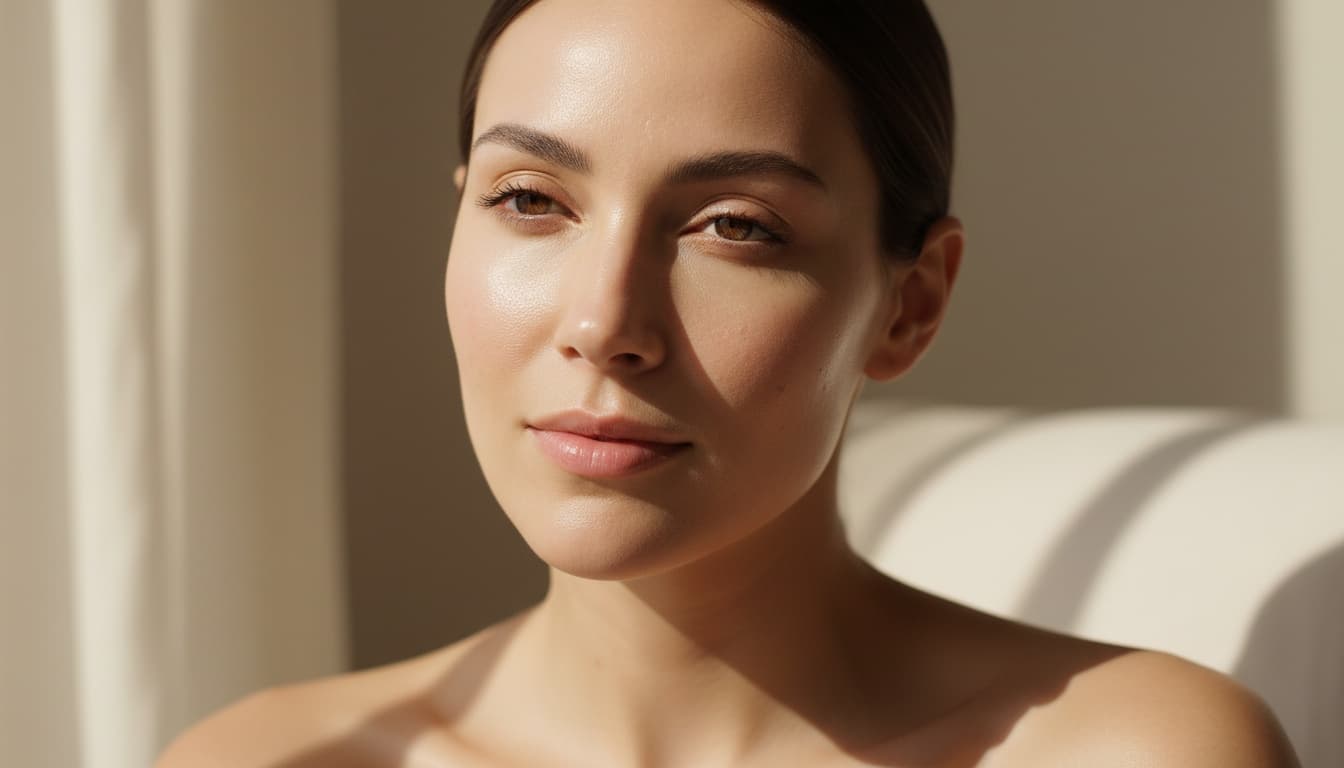 Close-up van een huid met subtiele acne littekens, natuurlijk gehydrateerd en verzorgd, warme beige en crèmekleuren in zacht daglicht