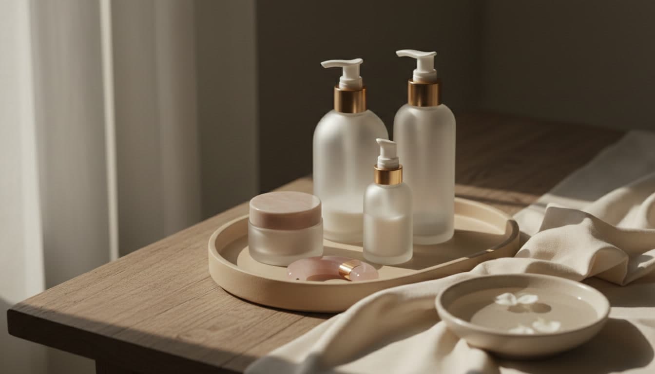 Elegant morning skincare routine setup with soft natural light and warm beige tones, showcasing premium skincare bottles and products in a minimal luxury style.