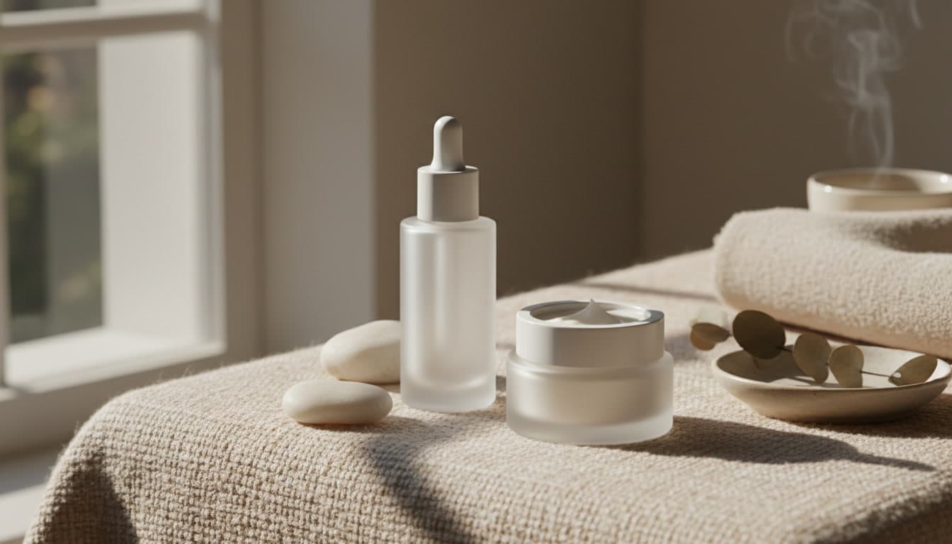 Luxury skincare serum and day cream bottles on a warm beige surface with soft natural daylight, editorial style