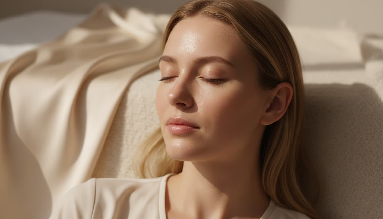 Close-up of a woman's glowing, hydrated sensitive skin in warm beige natural light, showcasing minimal luxury skincare